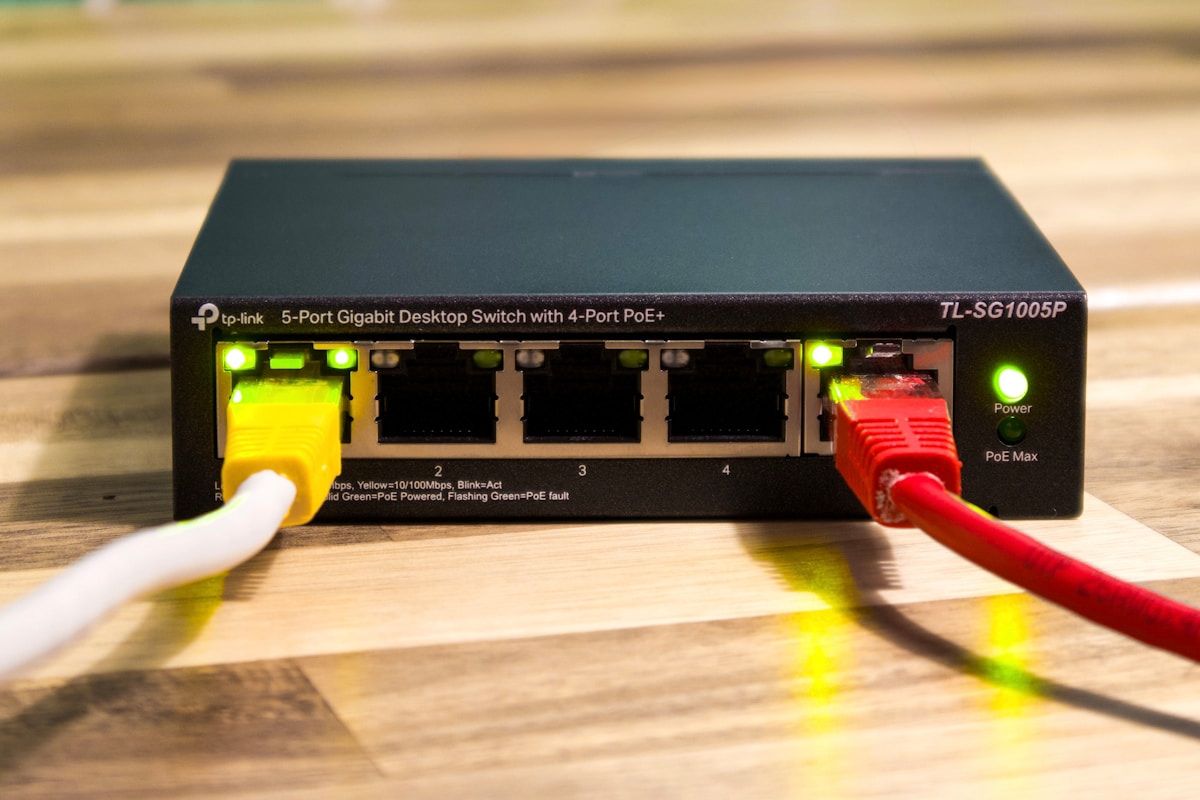 Network switch with ethernet cables connected for remote server configuration