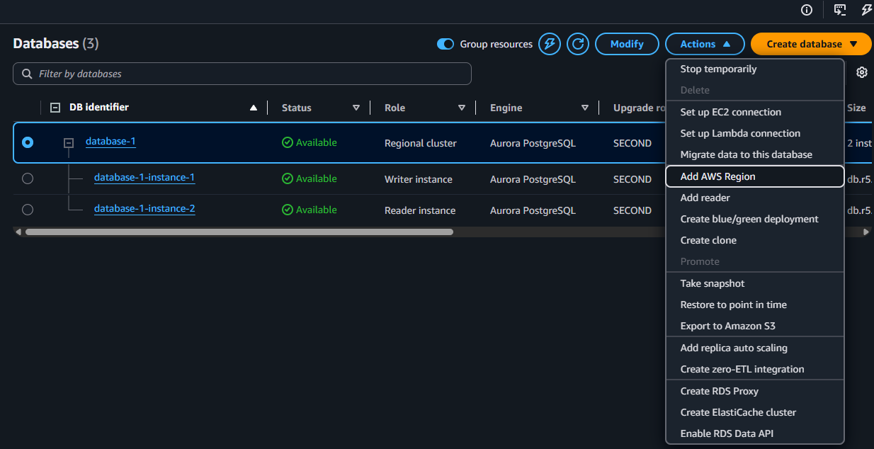 The RDS Actions menu expanded with Add AWS Region highlighted, and both instances now showing db.r5.large and Available