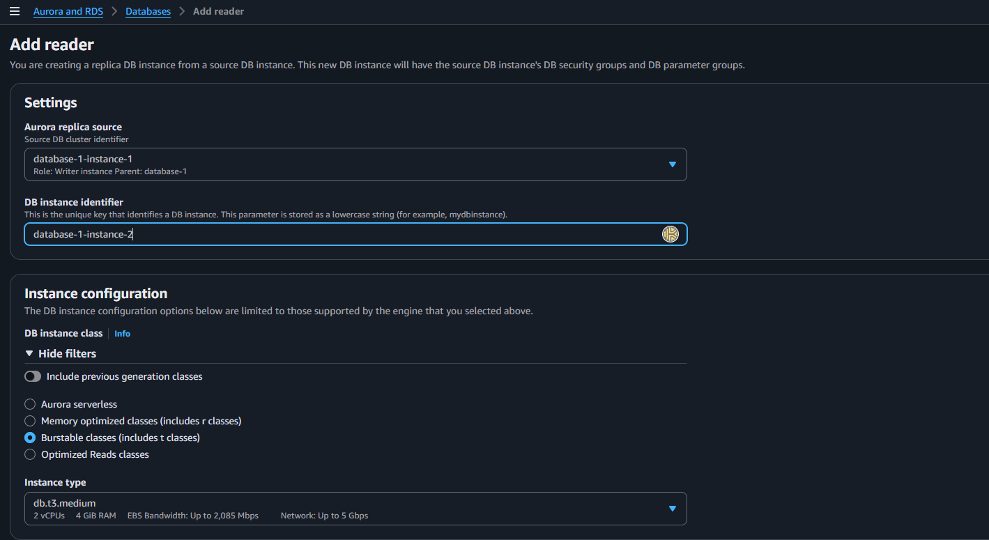 The Add reader dialog in the RDS console, showing the DB instance identifier field, the Burstable db.t3.medium instance class, and the note that the new instance inherits the source instance’s security groups