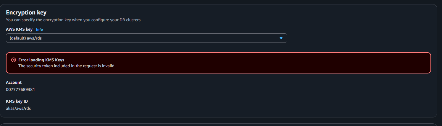 The encryption key section showing Error loading KMS Keys, the security token included in the request is invalid, for the Canada West Calgary region