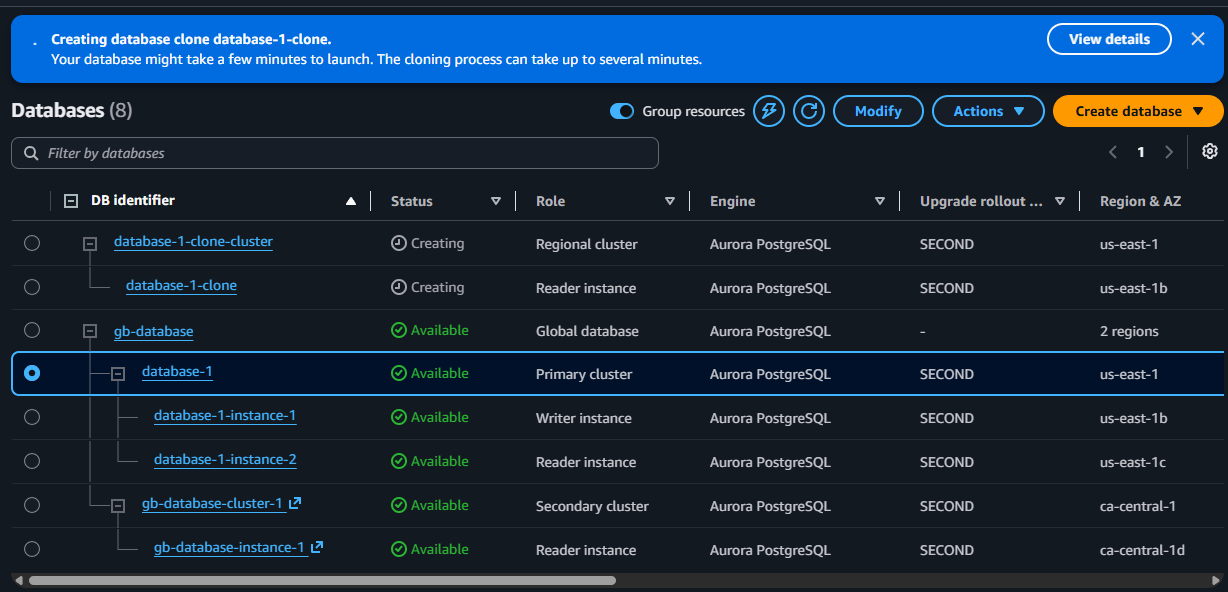 The Databases list showing database-1-clone-cluster being created as a separate regional cluster alongside the existing global database