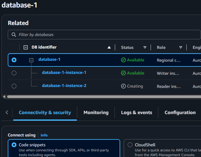 The RDS Databases list showing the database-1 cluster with two instances: database-1-instance-1 as the Writer and database-1-instance-2 as the Reader