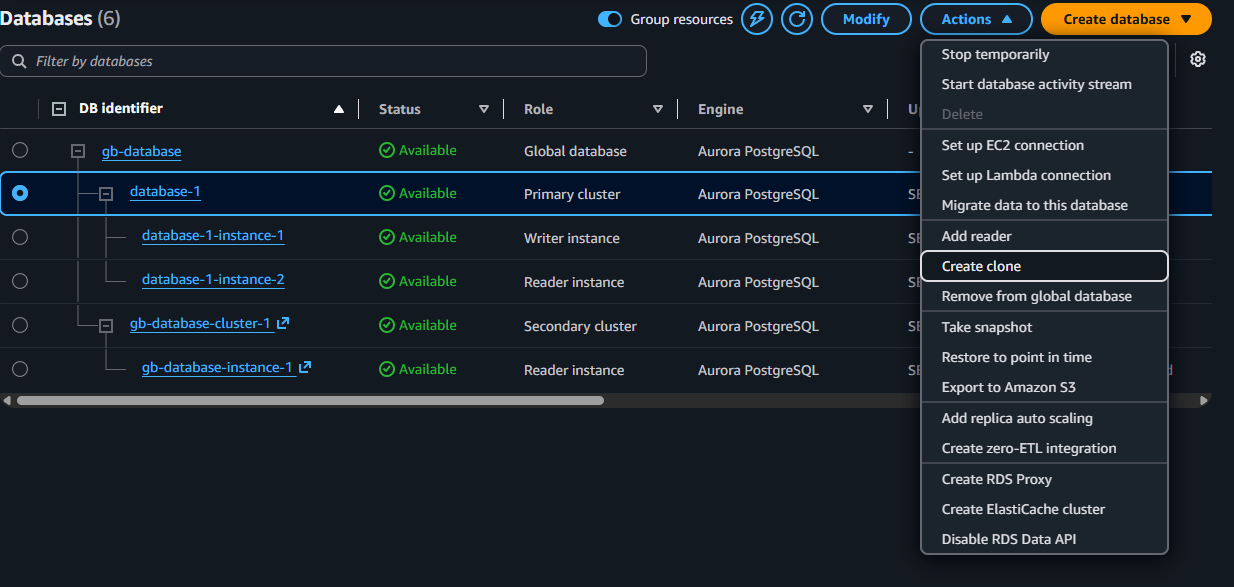 The RDS Actions menu with Create clone highlighted