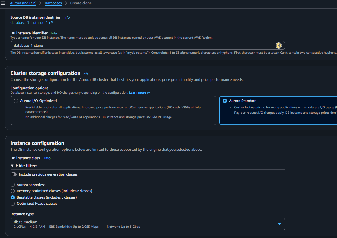The Create clone page showing the source instance, the new identifier database-1-clone, Aurora Standard storage, and a Burstable db.t3.medium instance class