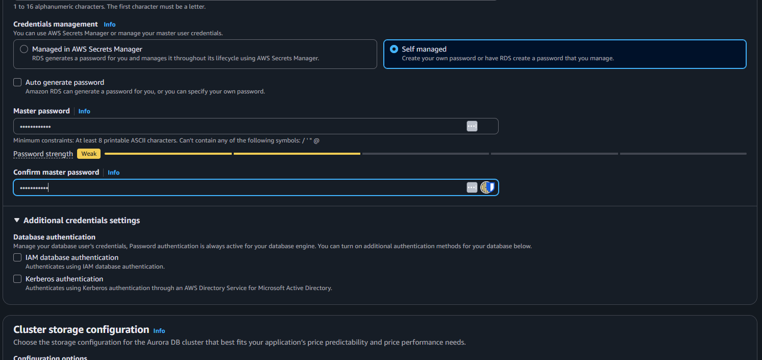 Aurora credentials management with Self managed selected and a master password entered