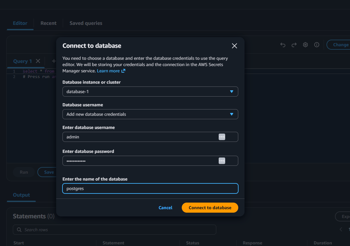 The Query editor Connect to database dialog with the cluster selected and fields for the master username, password, and database name