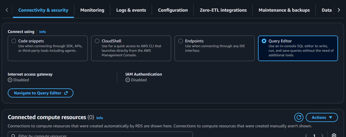 The Connectivity and security tab showing a Query Editor connection option with a Navigate to Query Editor button