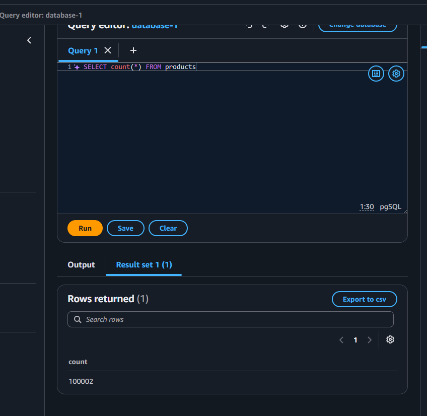 The Query editor running SELECT count from products and returning 100002 rows