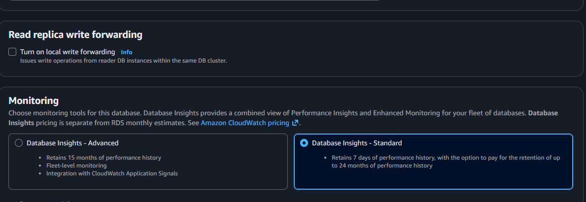 The Modify DB cluster page showing the Read replica write forwarding section with the Turn on local write forwarding checkbox