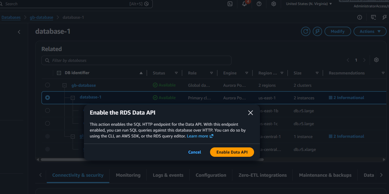 The Enable the RDS Data API confirmation dialog explaining it enables a SQL HTTP endpoint you can use from the CLI, an AWS SDK, or the RDS query editor