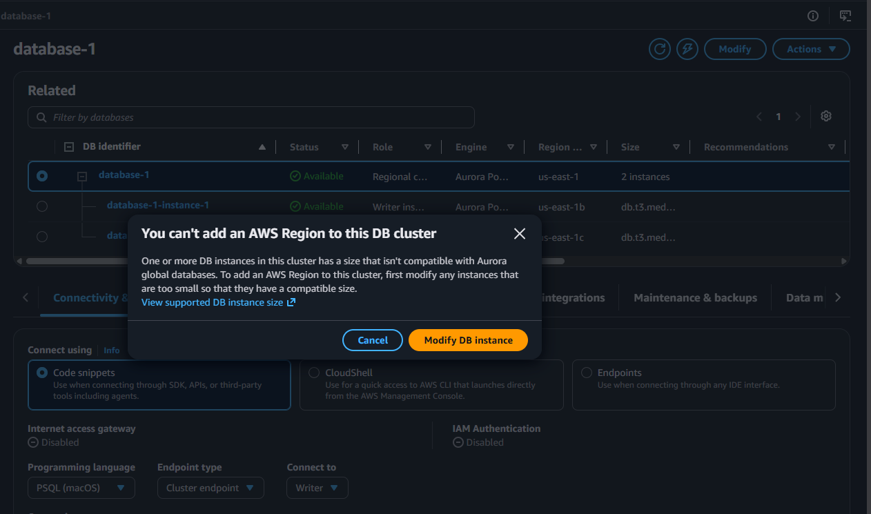 The RDS console showing an error dialog that reads You can’t add an AWS Region to this DB cluster because one or more DB instances has a size that isn’t compatible with Aurora global databases
