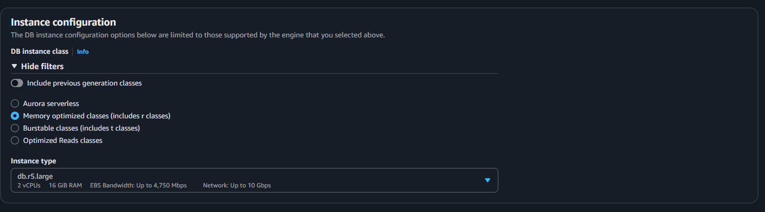 The Modify DB instance page with the instance class filter set to Memory optimized classes and db.r5.large selected as the instance type