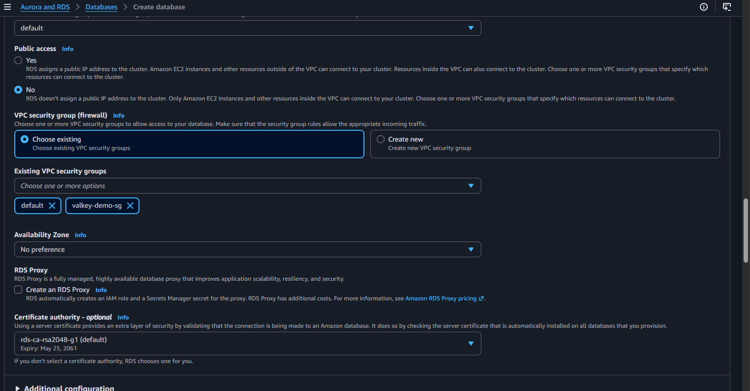Aurora connectivity settings with Public access set to No and valkey-demo-sg selected as the VPC security group