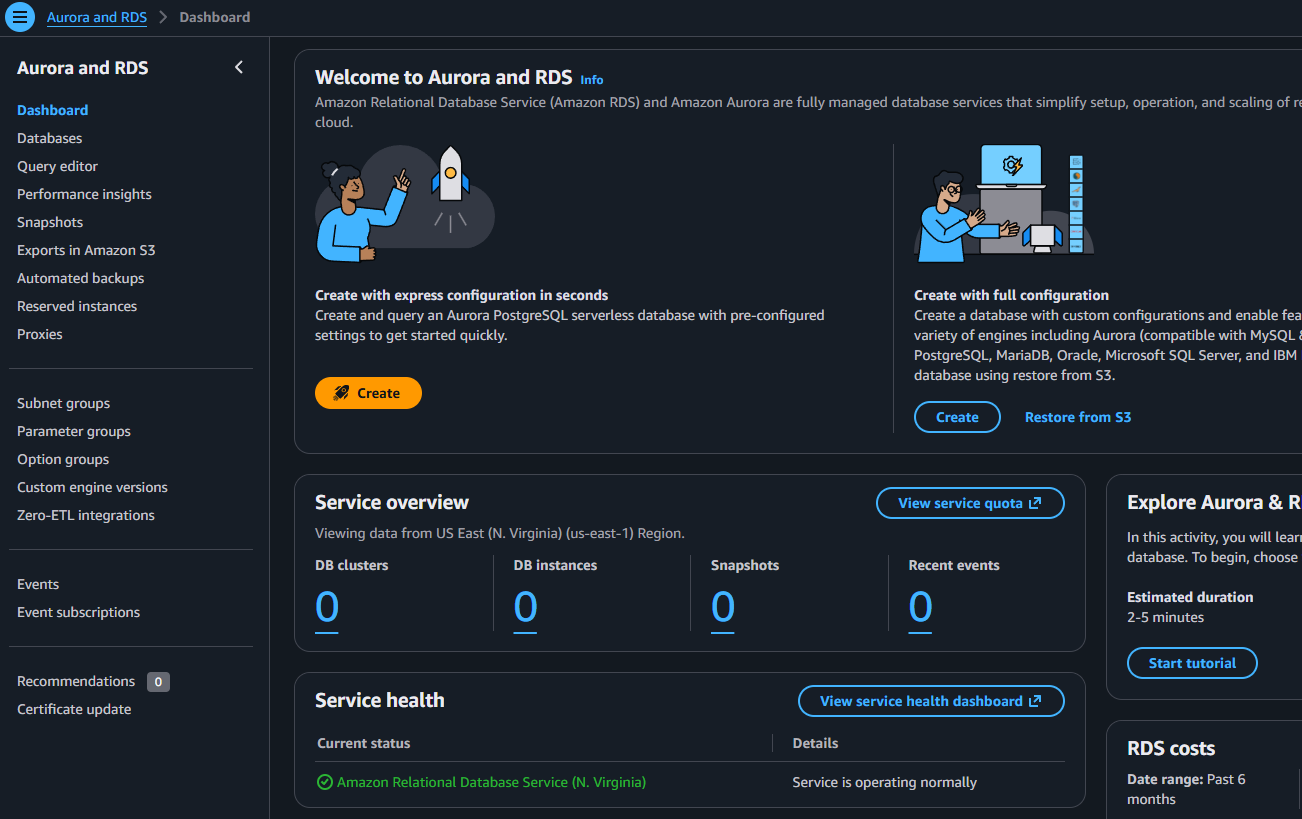 The Amazon Aurora and RDS dashboard showing the Express configuration and Full configuration create options