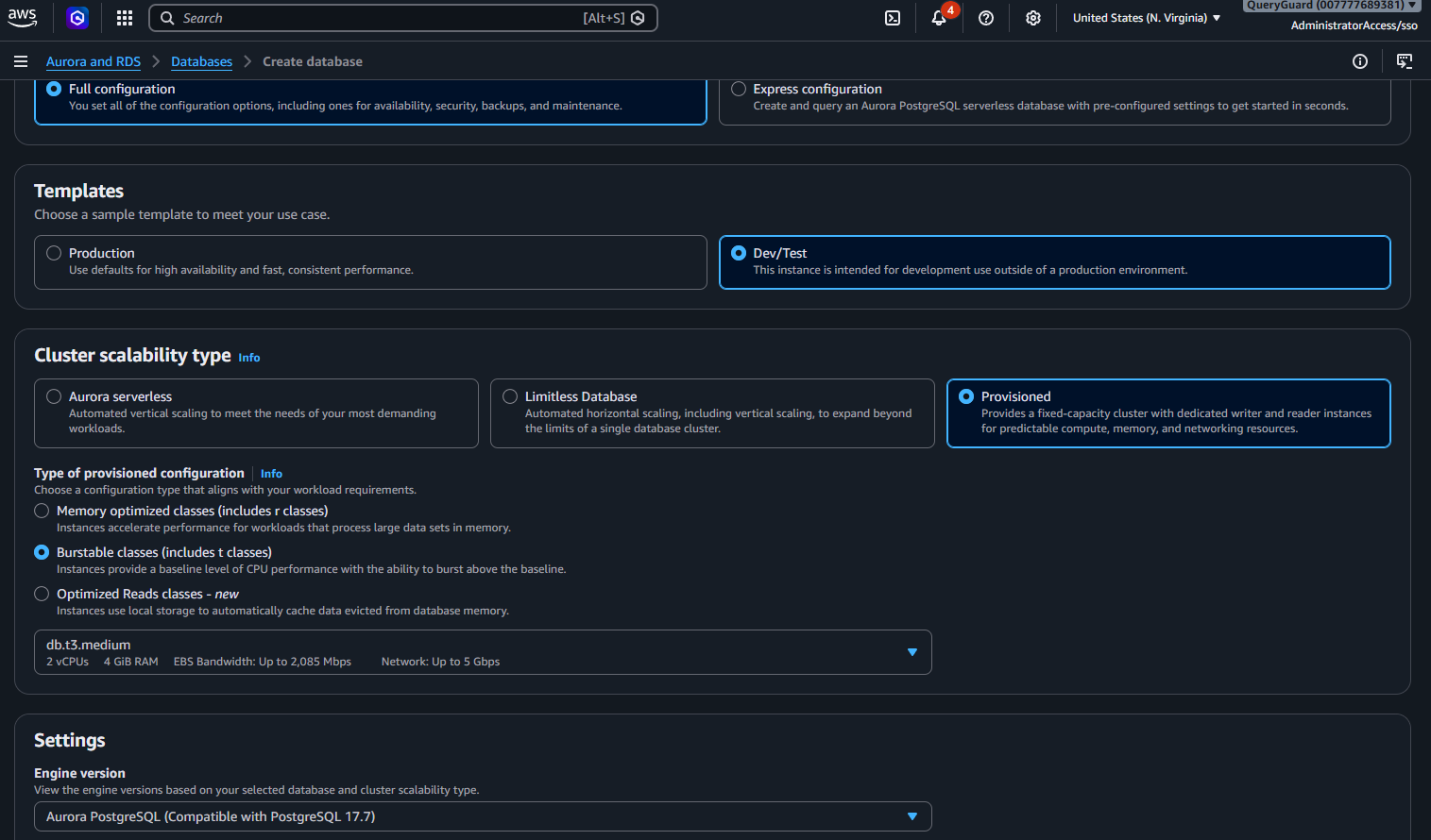 Aurora create-database wizard with the Dev/Test template and a Provisioned Burstable db.t3.medium instance selected