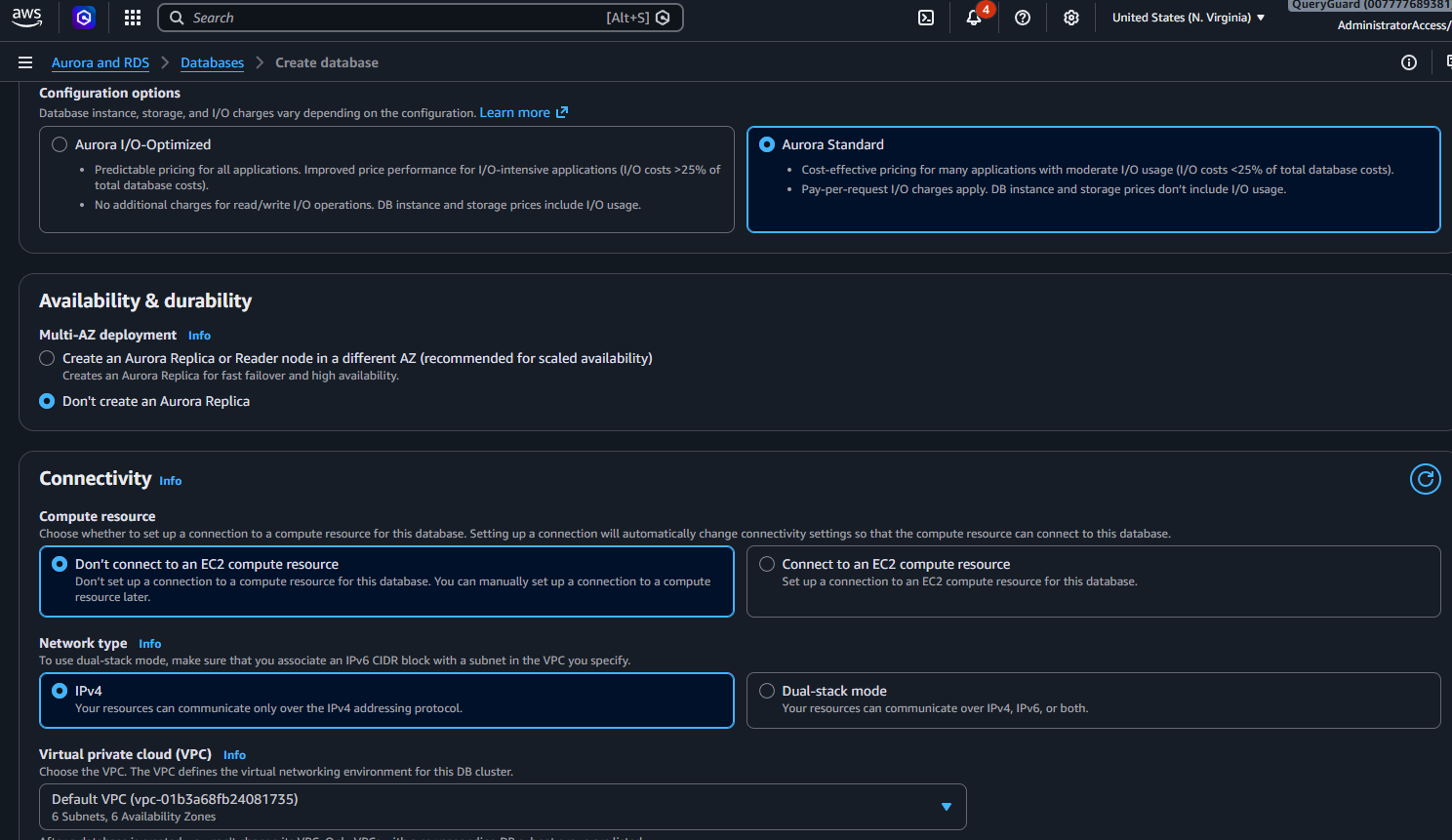 Aurora cluster storage configuration with Aurora Standard chosen over I/O-Optimized