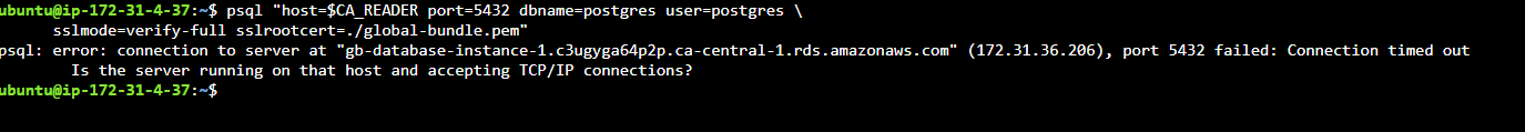 A psql connection from a us-east-1 EC2 to the ca-central-1 secondary reader endpoint failing with Connection timed out