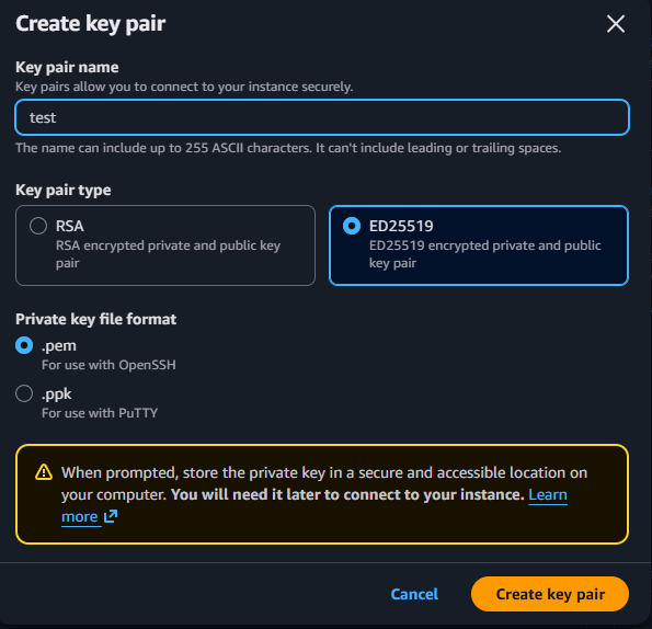 The EC2 create key pair dialog with an ED25519 key named test and the .pem format selected