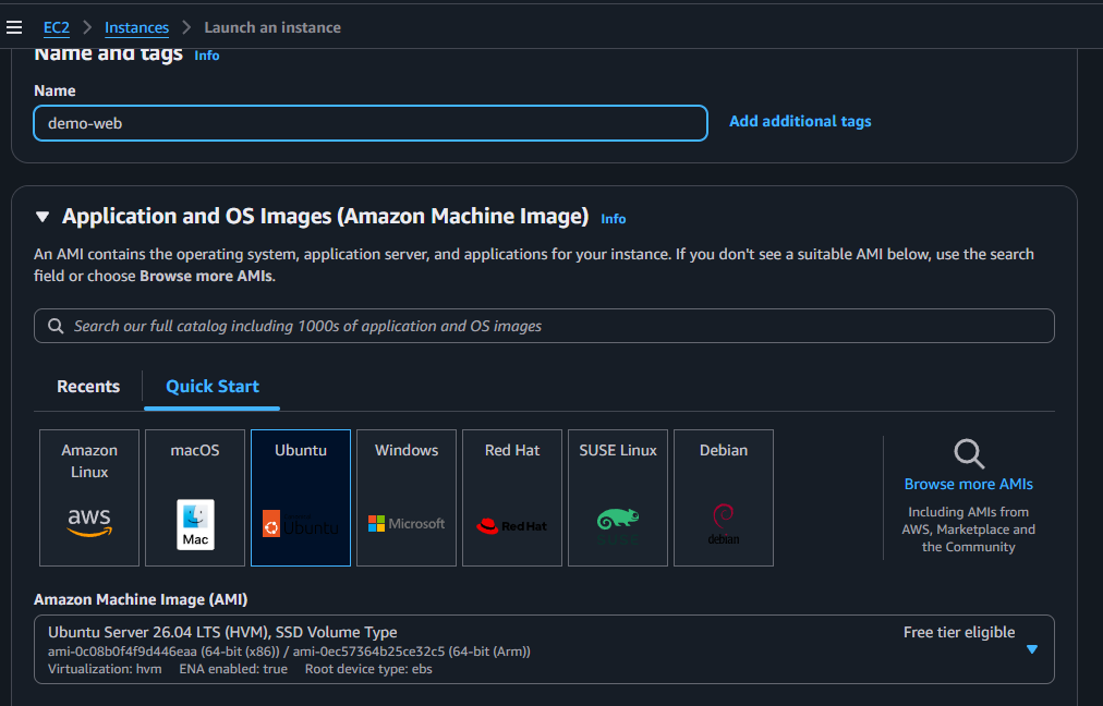 The EC2 launch wizard with the name demo-web entered and Ubuntu Server selected as a free-tier-eligible AMI