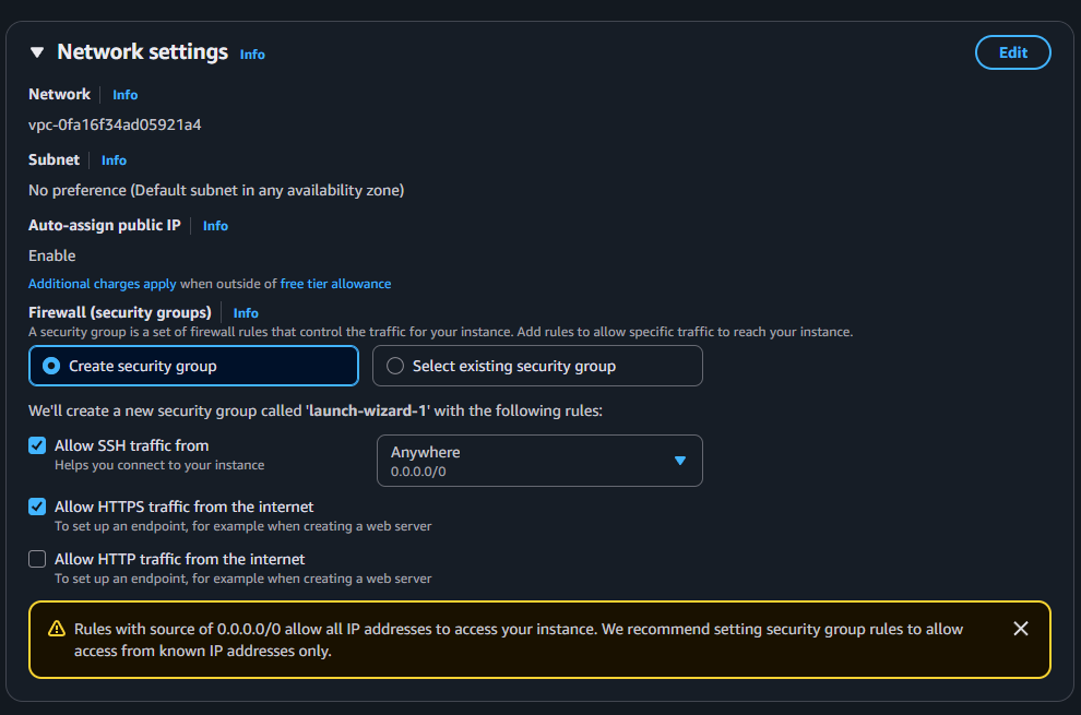 EC2 network settings showing the launch-wizard-1 security group with SSH open to anywhere and a warning