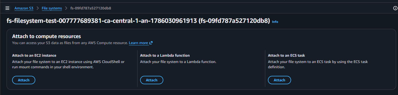 The S3 file system Attach to compute resources screen showing options for EC2, Lambda, and ECS