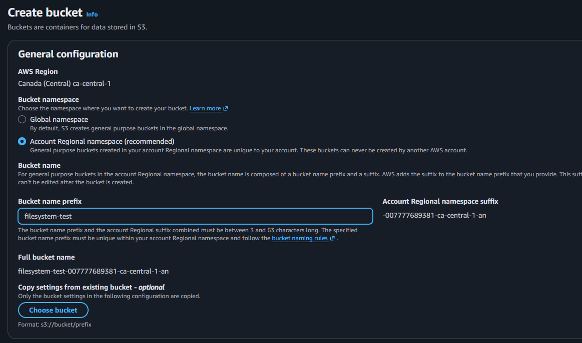 Creating the backing S3 bucket named filesystem-test in ca-central-1