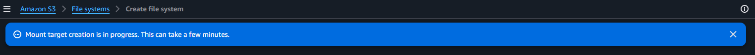 The console showing mount target creation is in progress