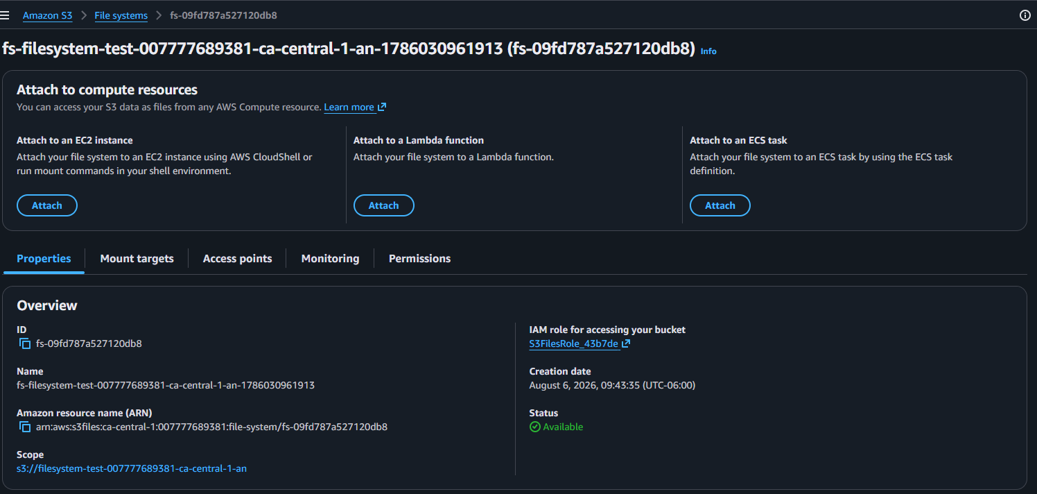 The S3 file system overview showing the fs id, ARN, an auto-created IAM role, and Available status