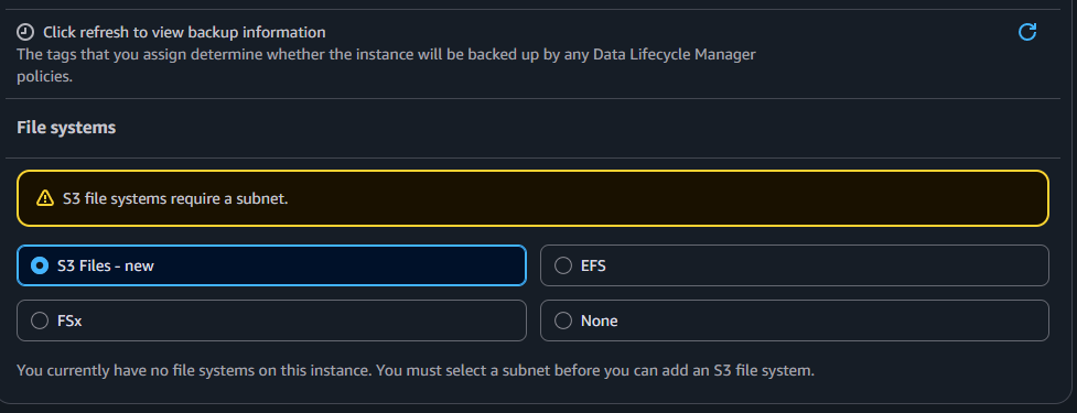 The File systems panel showing the S3 Files subnet requirement warning