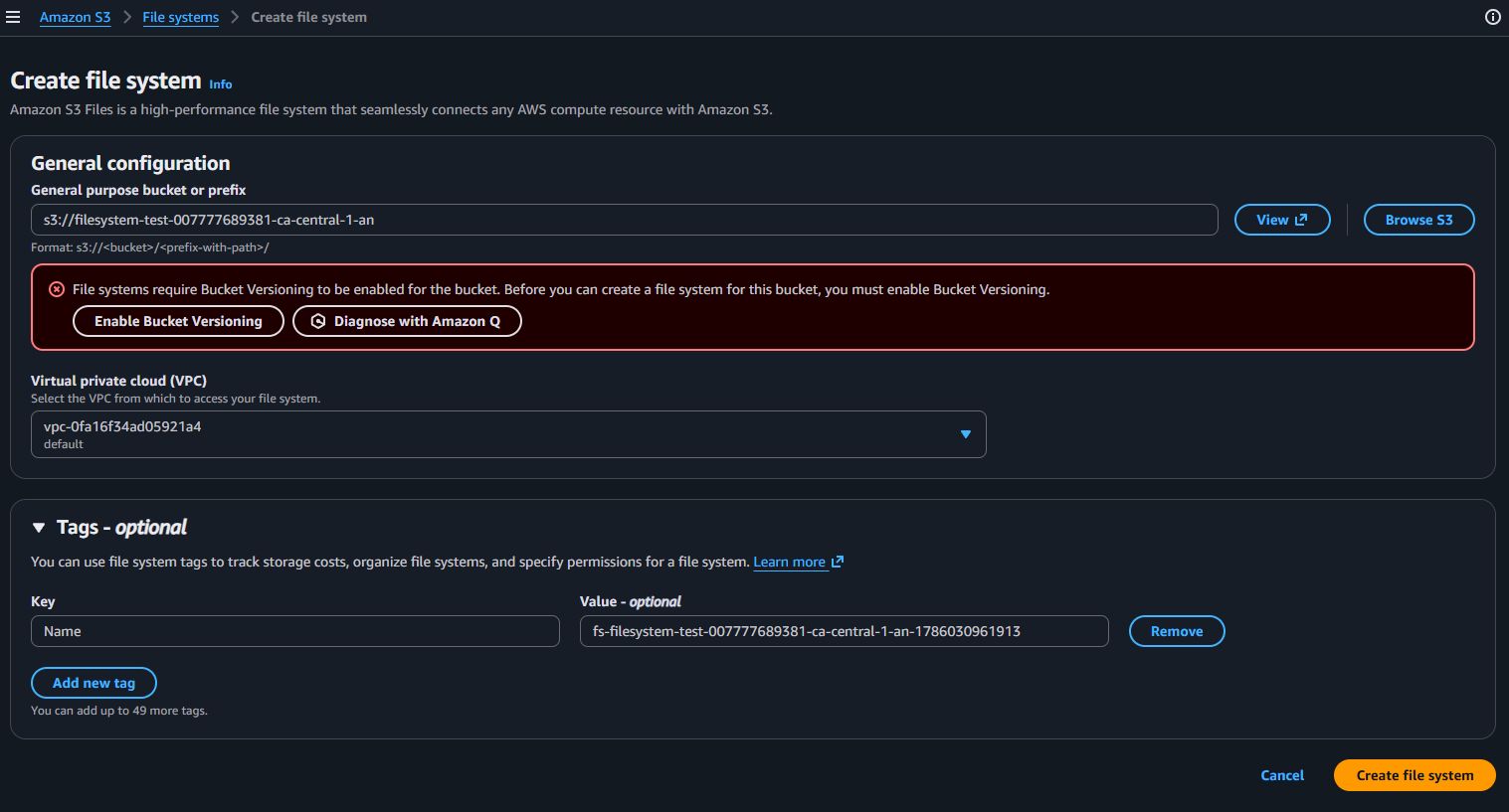 The Create file system screen showing the error that the bucket requires versioning enabled