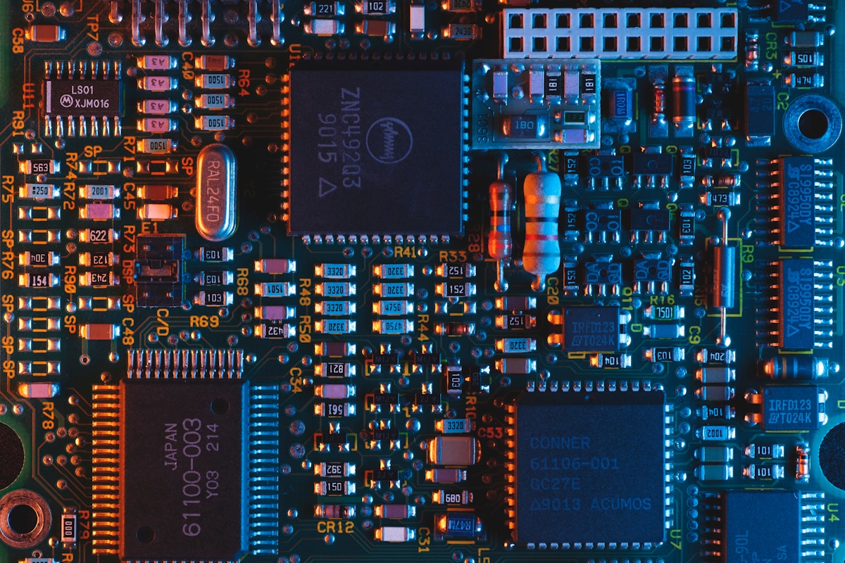 Blue circuit board close-up representing database operations and data storage