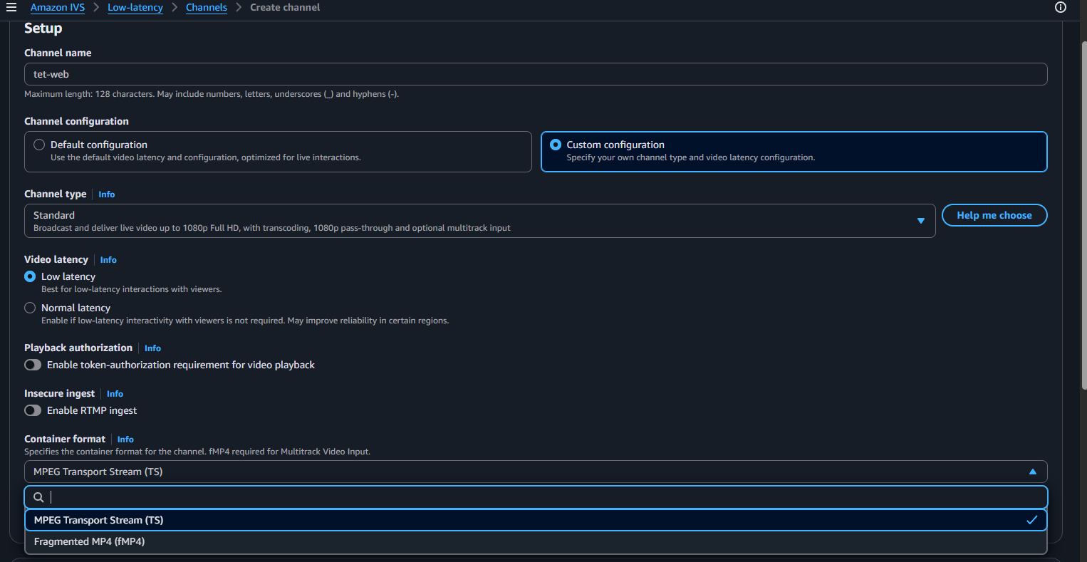 The IVS custom settings: video latency, playback authorization, insecure ingest, and container format