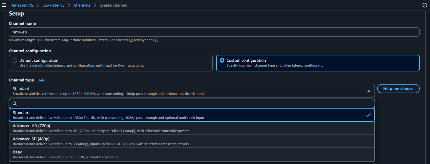 The IVS channel type dropdown showing Standard, Advanced HD, Advanced SD and Basic