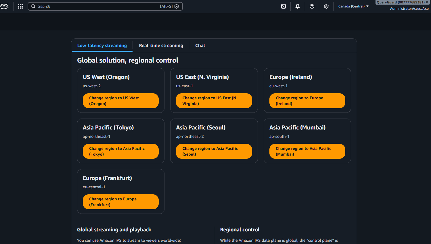 The Amazon IVS console showing Low-latency streaming, Real-time streaming and Chat, with regional control options