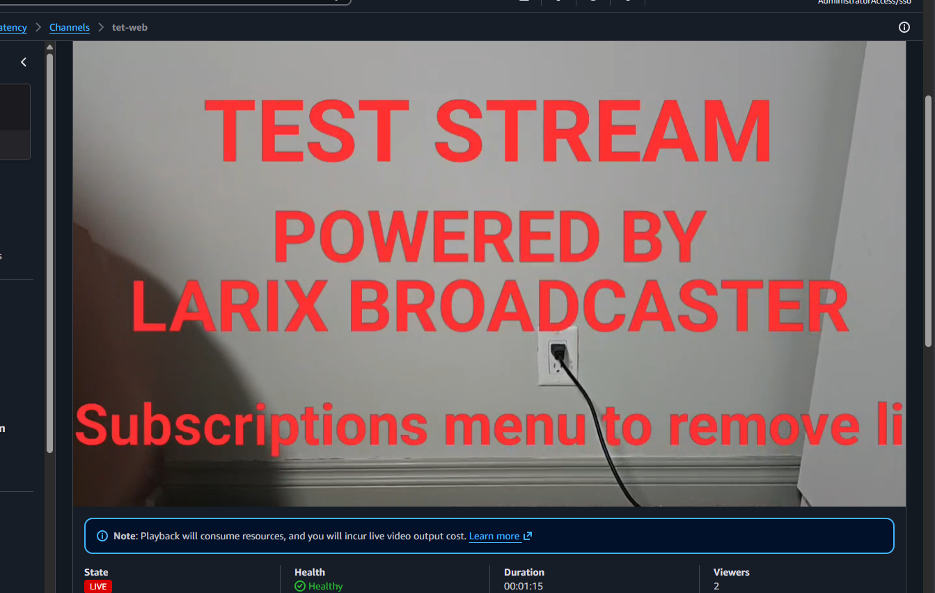The IVS console preview showing the live test stream, state LIVE, health healthy, and two viewers