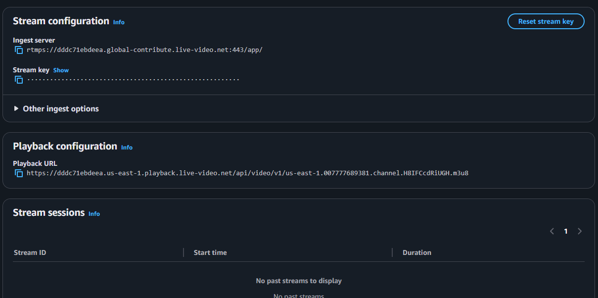The IVS stream configuration showing ingest server, stream key, and the playback URL