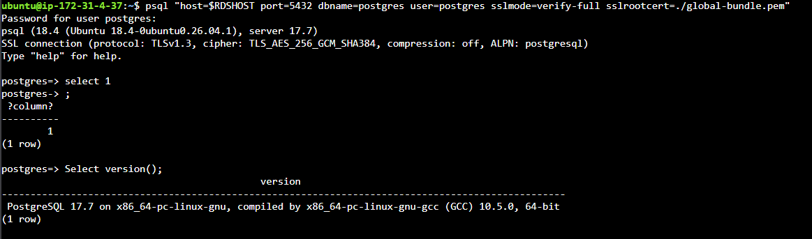 psql connected to Aurora PostgreSQL 17.7 over a TLS 1.3 connection, running SELECT version()