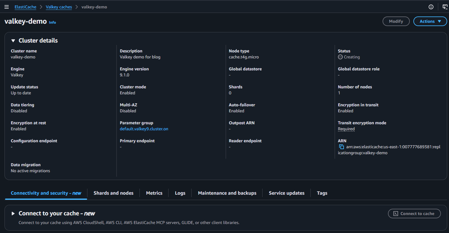 ElastiCache cluster details page showing status Available, node type cache.t4g.micro, and the configuration endpoint