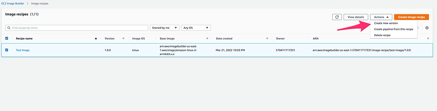 Create a new version of the image recipe