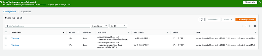 Verify the new recipe version is listed